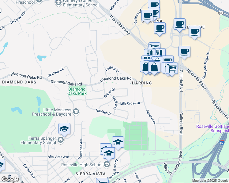 map of restaurants, bars, coffee shops, grocery stores, and more near 636 Grider Drive in Roseville