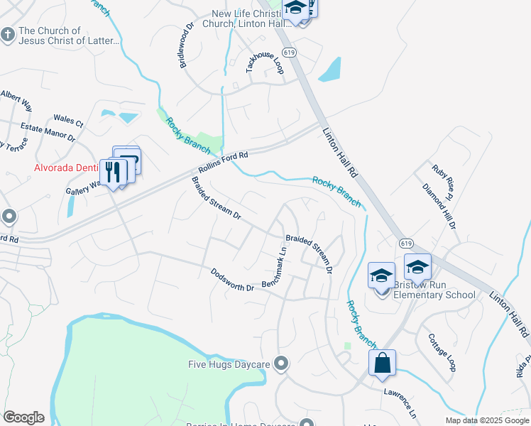 map of restaurants, bars, coffee shops, grocery stores, and more near 13600 America Drive in Bristow