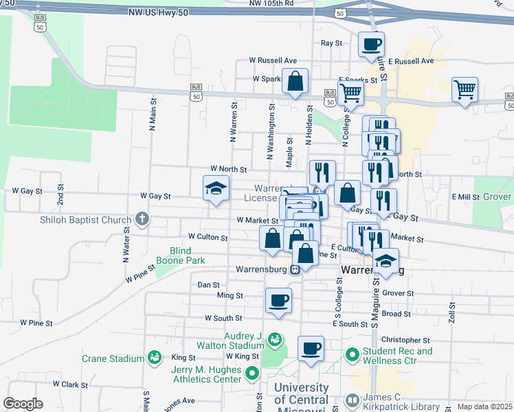 map of restaurants, bars, coffee shops, grocery stores, and more near 212 West Gay Street in Warrensburg