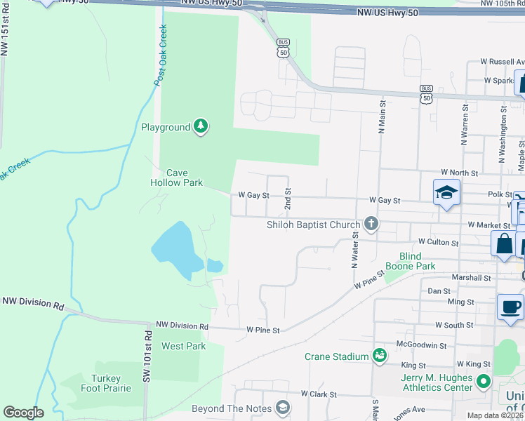 map of restaurants, bars, coffee shops, grocery stores, and more near 803 West Market Street in Warrensburg