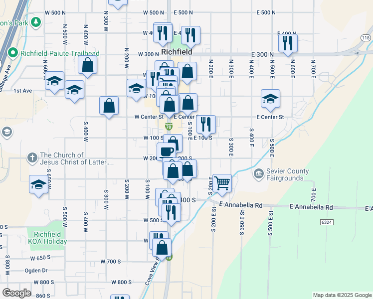 map of restaurants, bars, coffee shops, grocery stores, and more near 158 South 100 East in Richfield