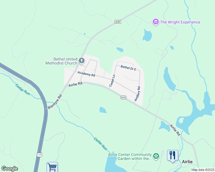 map of restaurants, bars, coffee shops, grocery stores, and more near 7210 Airlie Rd in Warrenton
