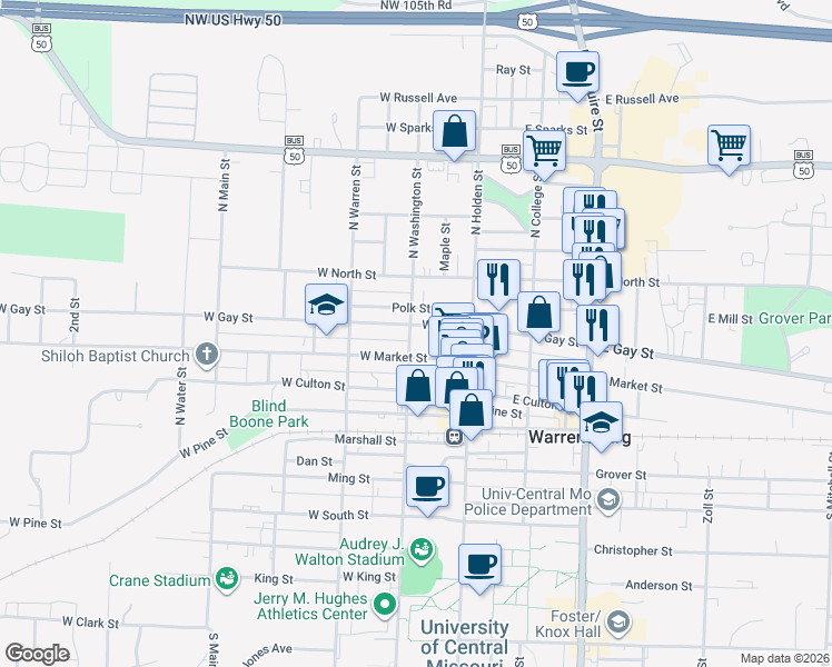 map of restaurants, bars, coffee shops, grocery stores, and more near 122 West Gay Street in Warrensburg
