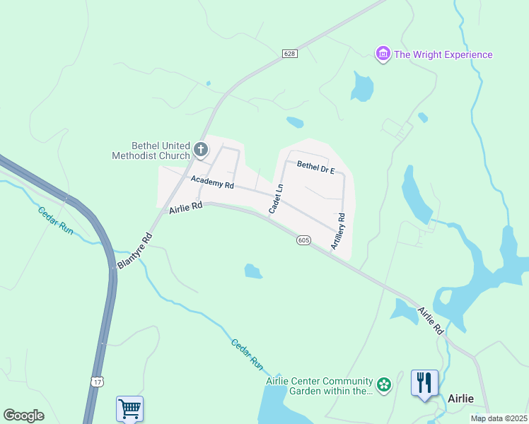 map of restaurants, bars, coffee shops, grocery stores, and more near 7210 Airlie Rd in Warrenton