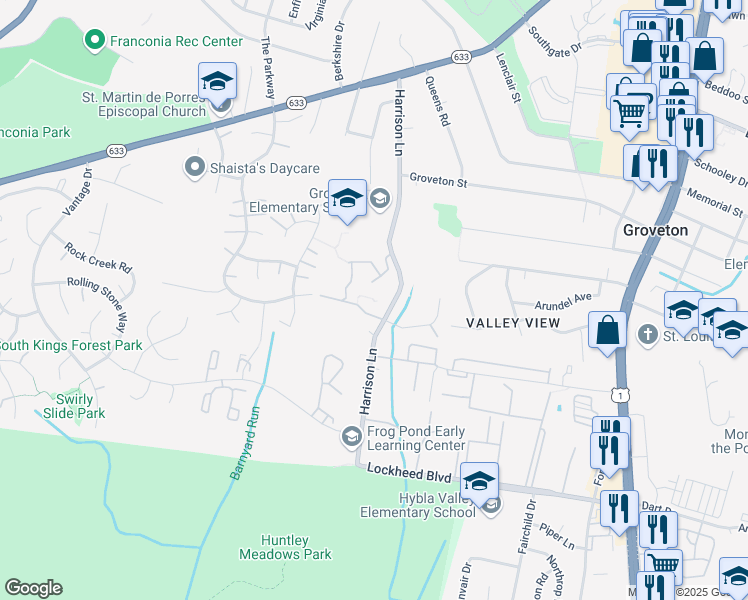 map of restaurants, bars, coffee shops, grocery stores, and more near 6918 Harrison Lane in Alexandria