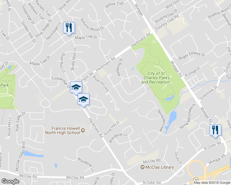 map of restaurants, bars, coffee shops, grocery stores, and more near 2708 Kettering Drive in Saint Charles