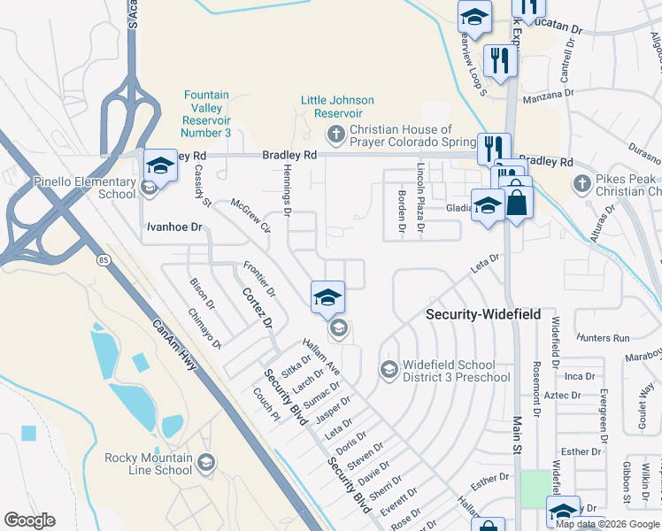 map of restaurants, bars, coffee shops, grocery stores, and more near 4515 Forsythe Drive in Colorado Springs