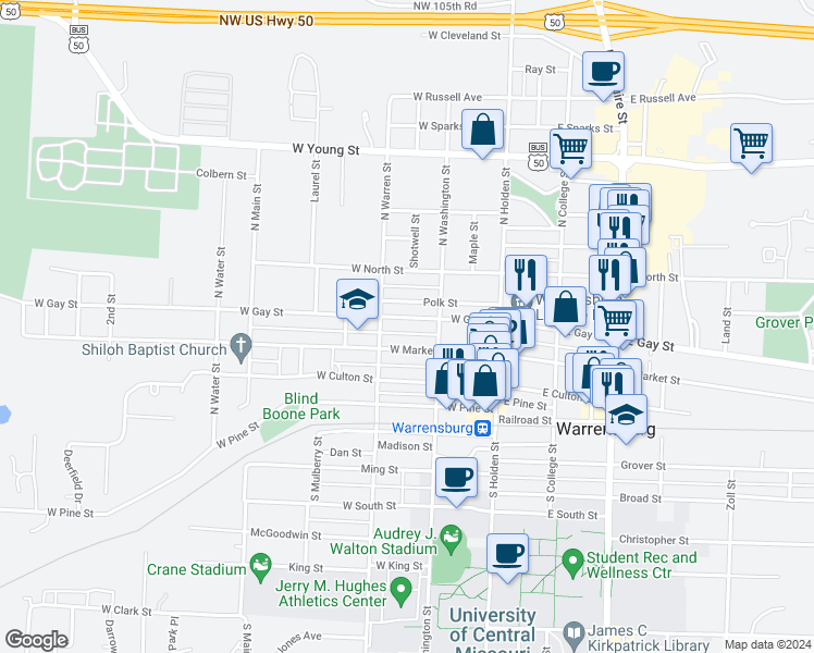 map of restaurants, bars, coffee shops, grocery stores, and more near 212 West Gay Street in Warrensburg