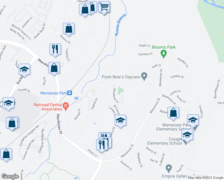 map of restaurants, bars, coffee shops, grocery stores, and more near 9424 Rosebud Court in Manassas Park
