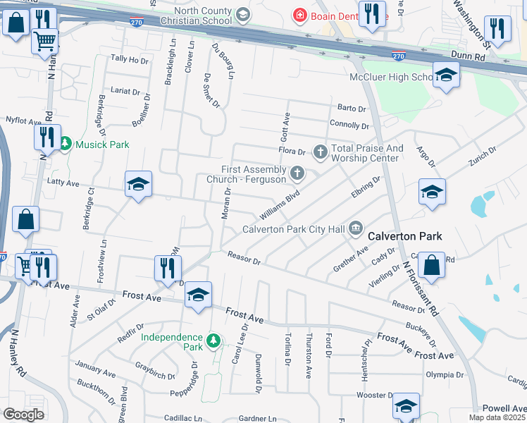 map of restaurants, bars, coffee shops, grocery stores, and more near 217 Williams Boulevard in St. Louis