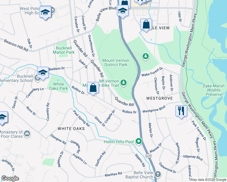 map of restaurants, bars, coffee shops, grocery stores, and more near 7009 Quander Road in Alexandria