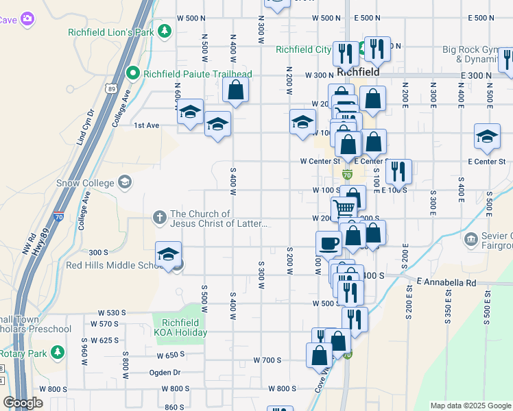 map of restaurants, bars, coffee shops, grocery stores, and more near 154 South 300 West in Richfield