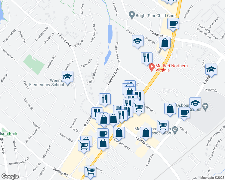 map of restaurants, bars, coffee shops, grocery stores, and more near 8666 Diane Court in Manassas
