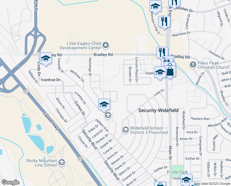map of restaurants, bars, coffee shops, grocery stores, and more near 4585 Dooley Way in Colorado Springs