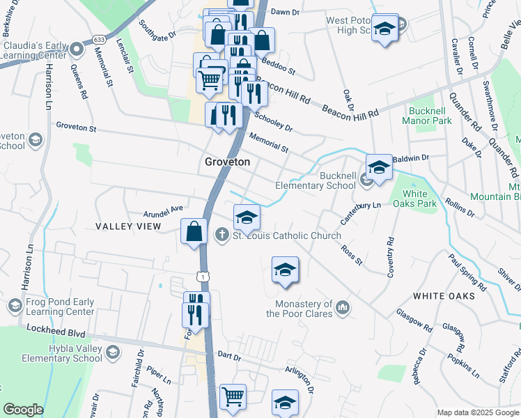 map of restaurants, bars, coffee shops, grocery stores, and more near 2816 Preston Avenue in Alexandria