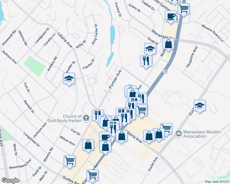 map of restaurants, bars, coffee shops, grocery stores, and more near 8666 Diane Court in Manassas