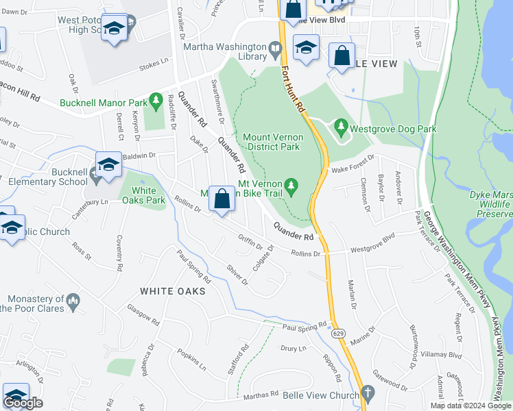 map of restaurants, bars, coffee shops, grocery stores, and more near 7004 Quander Road in Alexandria