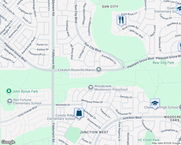 map of restaurants, bars, coffee shops, grocery stores, and more near 1788 Camino Real Way in Roseville