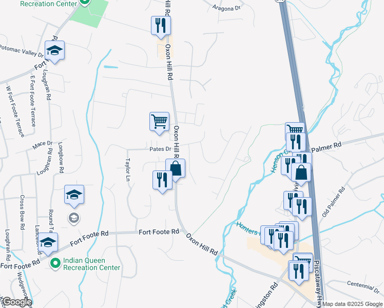 map of restaurants, bars, coffee shops, grocery stores, and more near 9004 Cooper Drive in Fort Washington