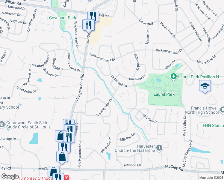 map of restaurants, bars, coffee shops, grocery stores, and more near 207 Birchwood Dr in St Peters