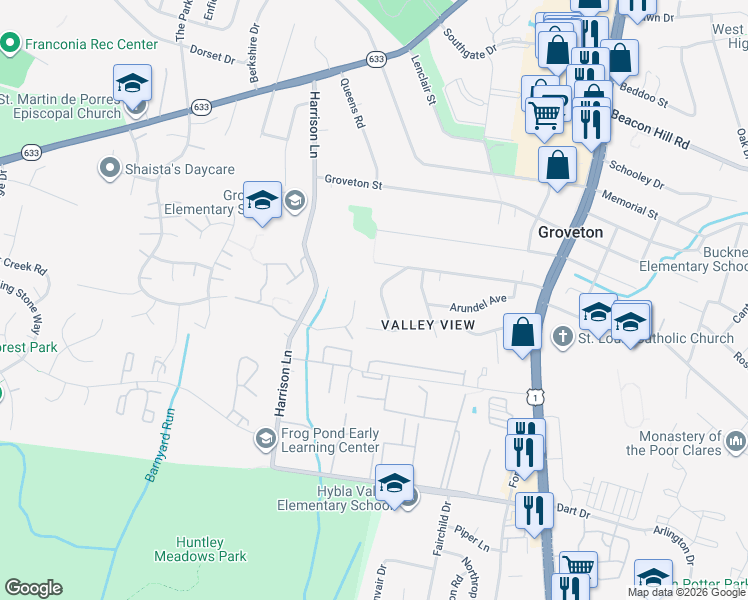 map of restaurants, bars, coffee shops, grocery stores, and more near 7016 Grove Road in Alexandria