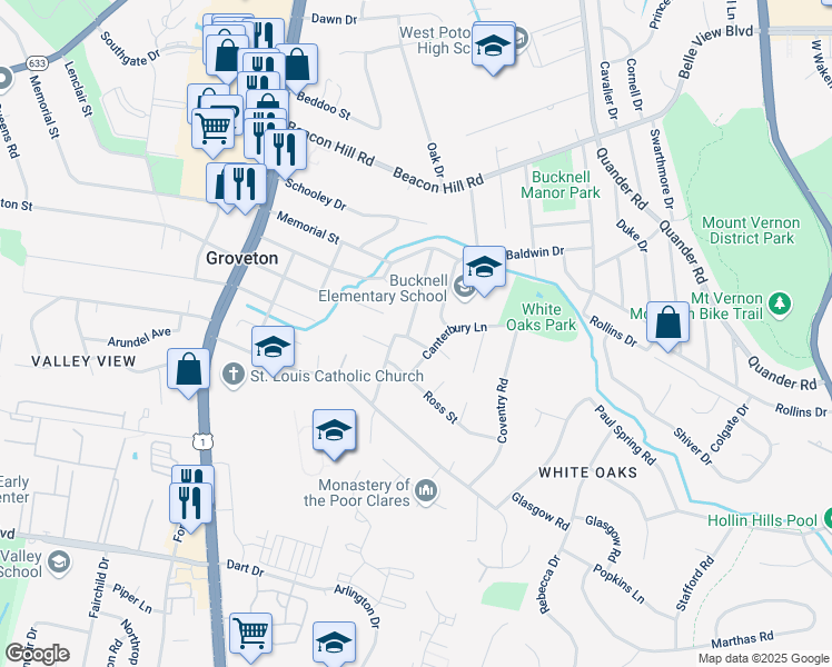 map of restaurants, bars, coffee shops, grocery stores, and more near 6955 Westhampton Drive in Alexandria