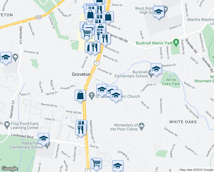 map of restaurants, bars, coffee shops, grocery stores, and more near 2818 Preston Avenue in Alexandria