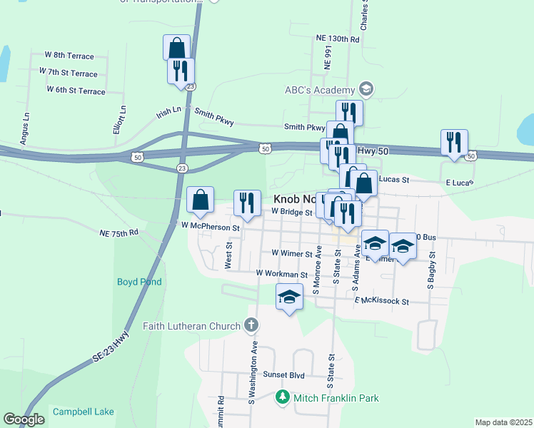 map of restaurants, bars, coffee shops, grocery stores, and more near 108 North Washington Avenue in Knob Noster
