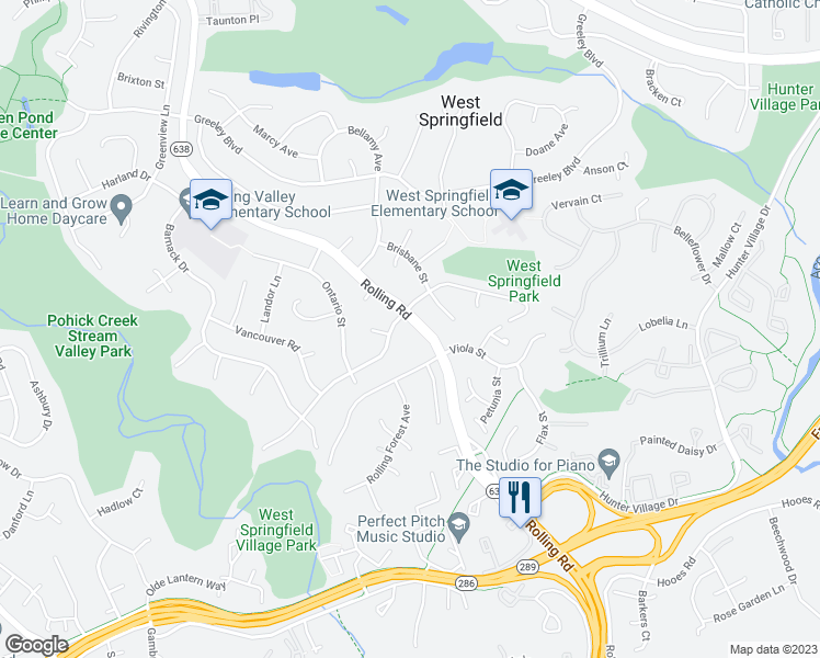 map of restaurants, bars, coffee shops, grocery stores, and more near 6910 Rolling Road in West Springfield