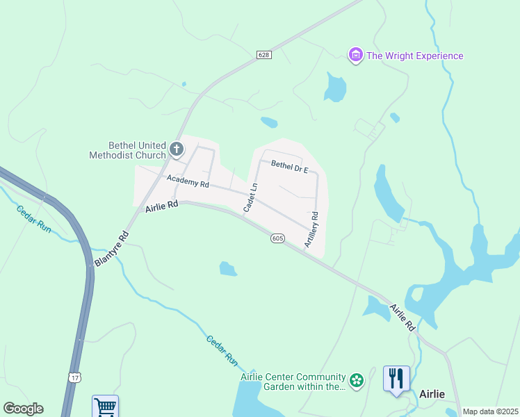 map of restaurants, bars, coffee shops, grocery stores, and more near 7159 Academy Road in Warrenton