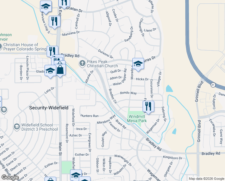 map of restaurants, bars, coffee shops, grocery stores, and more near 5291 Bradley Cir in Colorado Springs