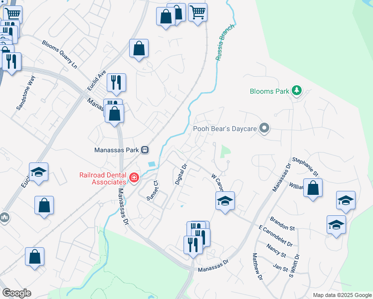 map of restaurants, bars, coffee shops, grocery stores, and more near 9700 Elzey Place in Manassas Park