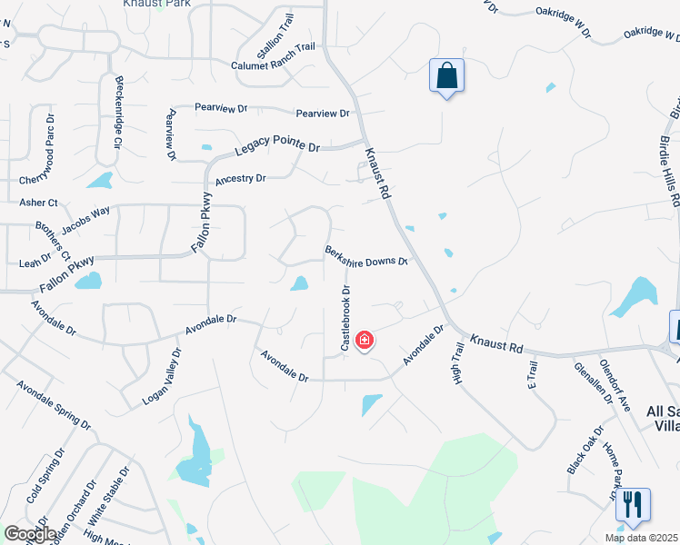 map of restaurants, bars, coffee shops, grocery stores, and more near 605 Castlebrook Drive in Saint Peters
