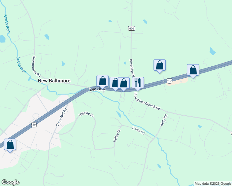 map of restaurants, bars, coffee shops, grocery stores, and more near 5171 Lee Highway in Warrenton