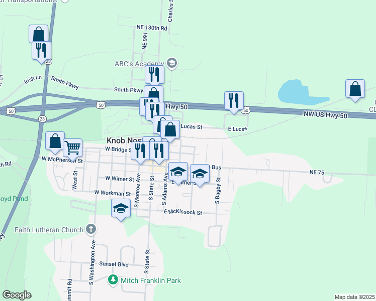 map of restaurants, bars, coffee shops, grocery stores, and more near 306 East Bridge Street in Knob Noster