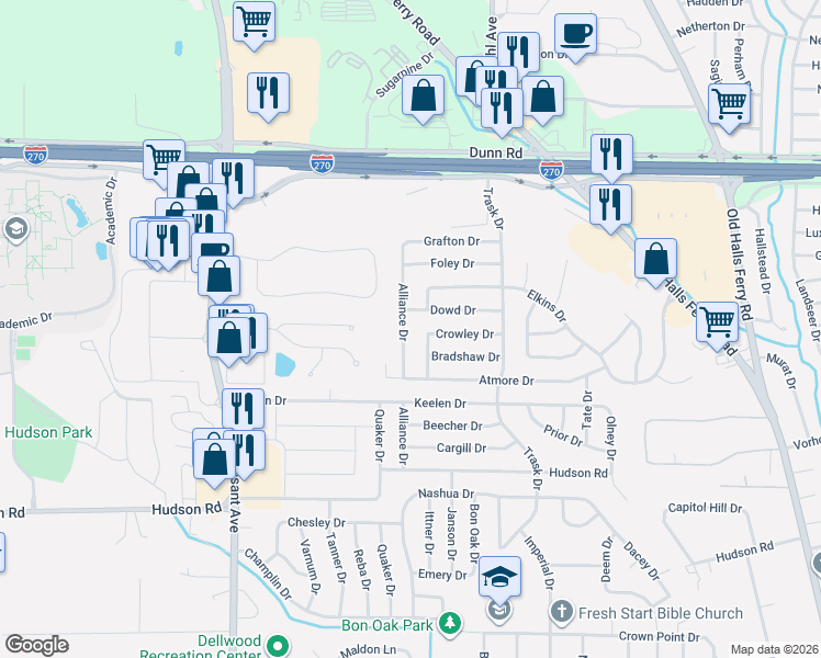 map of restaurants, bars, coffee shops, grocery stores, and more near 10636 Alliance Drive in St. Louis