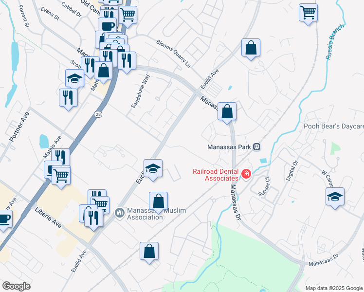 map of restaurants, bars, coffee shops, grocery stores, and more near 8220 Conner Drive in Manassas