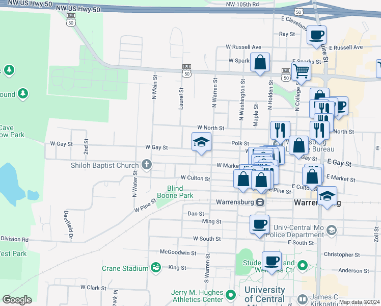 map of restaurants, bars, coffee shops, grocery stores, and more near 320 West Gay Street in Warrensburg