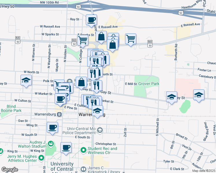 map of restaurants, bars, coffee shops, grocery stores, and more near 407 North Charles Street in Warrensburg