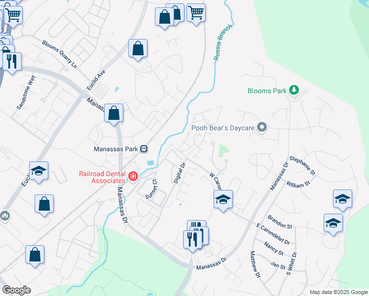 map of restaurants, bars, coffee shops, grocery stores, and more near 9700 Elzey Place in Manassas Park