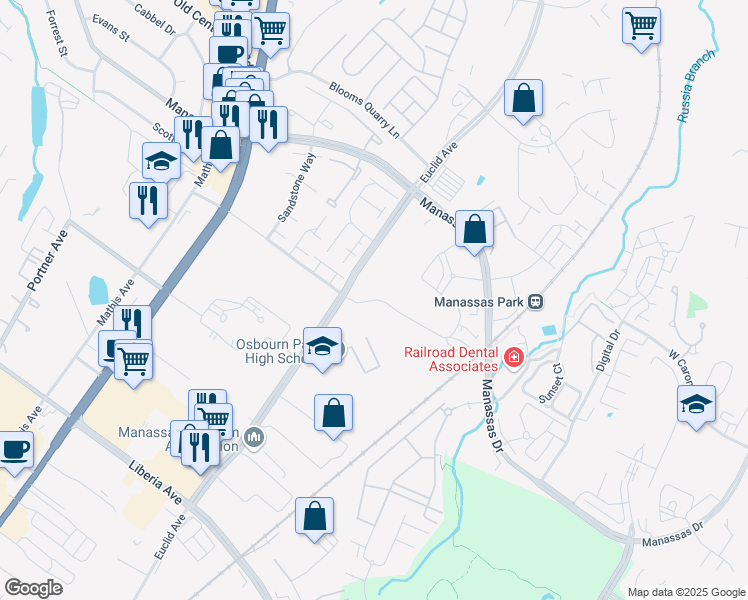 map of restaurants, bars, coffee shops, grocery stores, and more near 8220 Conner Drive in Manassas