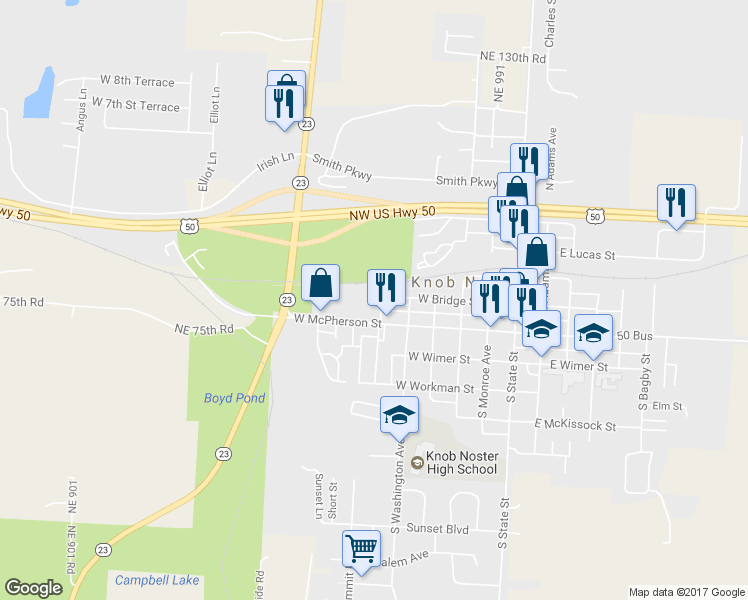 map of restaurants, bars, coffee shops, grocery stores, and more near 119 North Harrison Street in Knob Noster