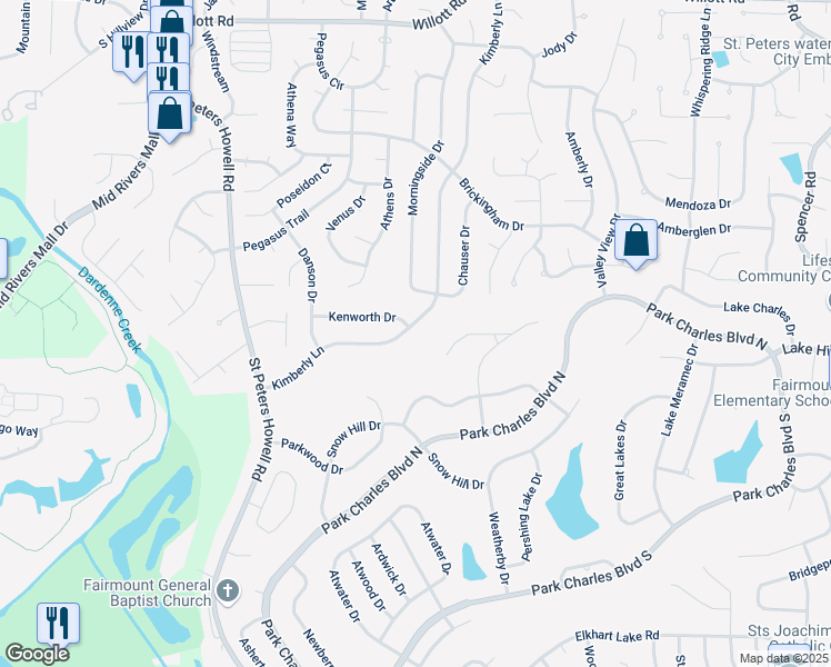 map of restaurants, bars, coffee shops, grocery stores, and more near 513 Kimberly Lane in St. Peters