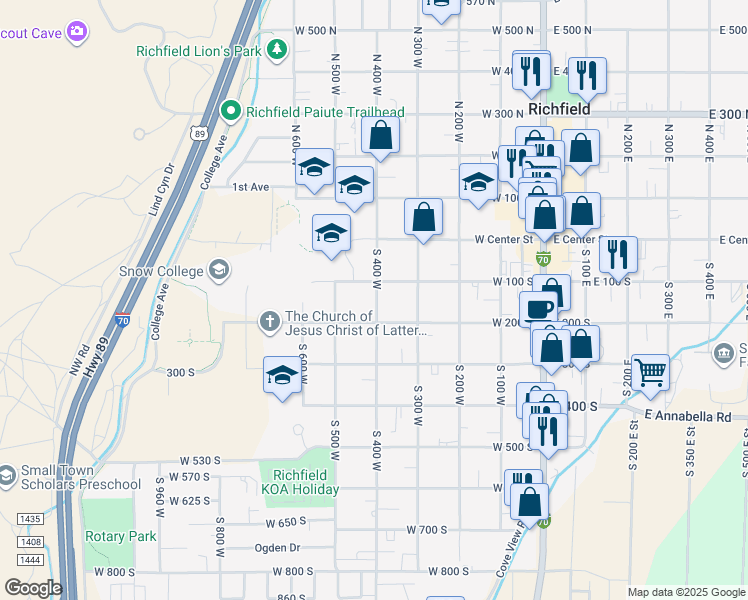 map of restaurants, bars, coffee shops, grocery stores, and more near 144 South 400 West in Richfield