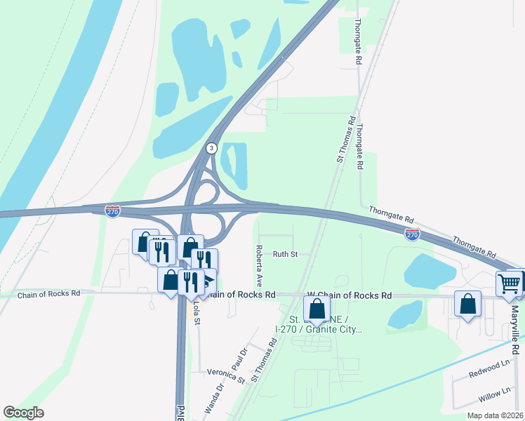 map of restaurants, bars, coffee shops, grocery stores, and more near Interstate 270 in Granite City