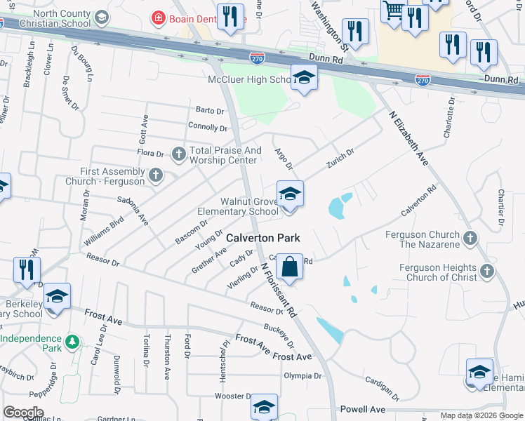 map of restaurants, bars, coffee shops, grocery stores, and more near 1 Sassafras Lane in St. Louis