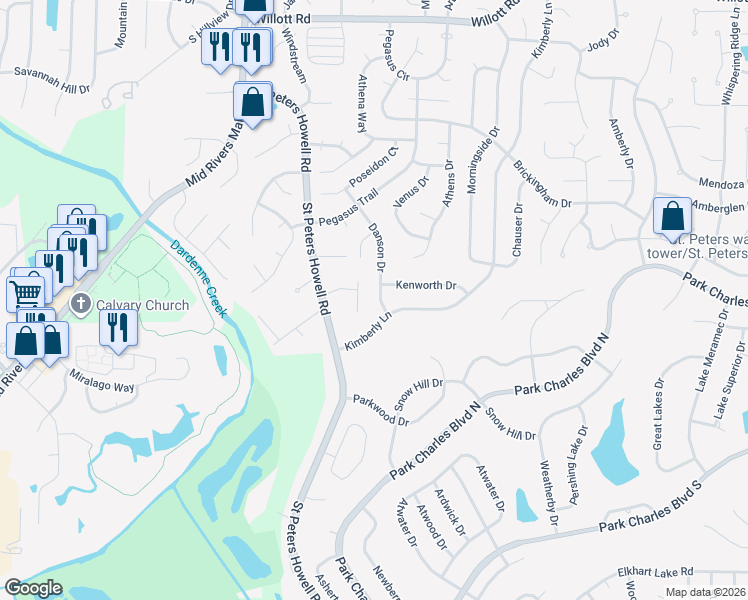 map of restaurants, bars, coffee shops, grocery stores, and more near 5 Danson Drive in St. Peters