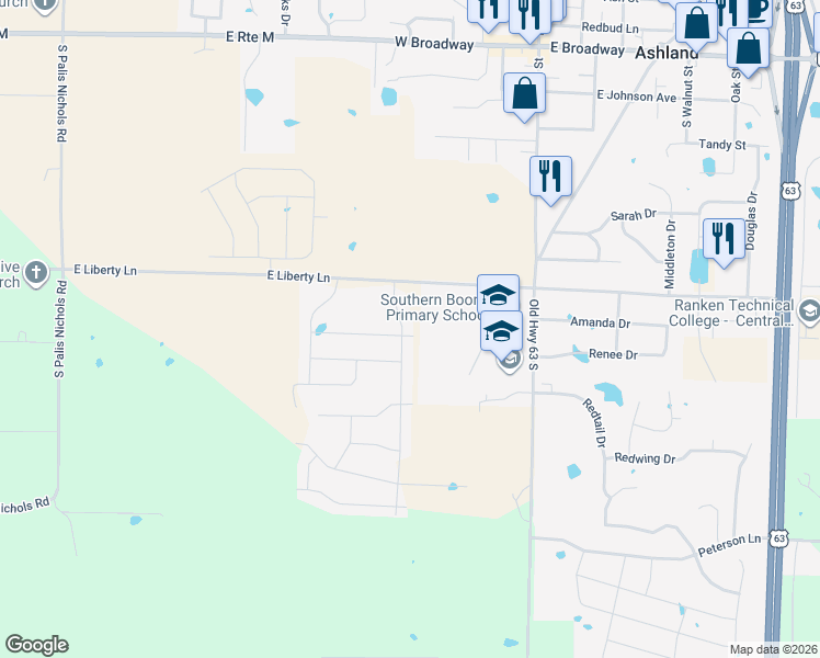 map of restaurants, bars, coffee shops, grocery stores, and more near 5102-5226 East Liberty Lane in Ashland