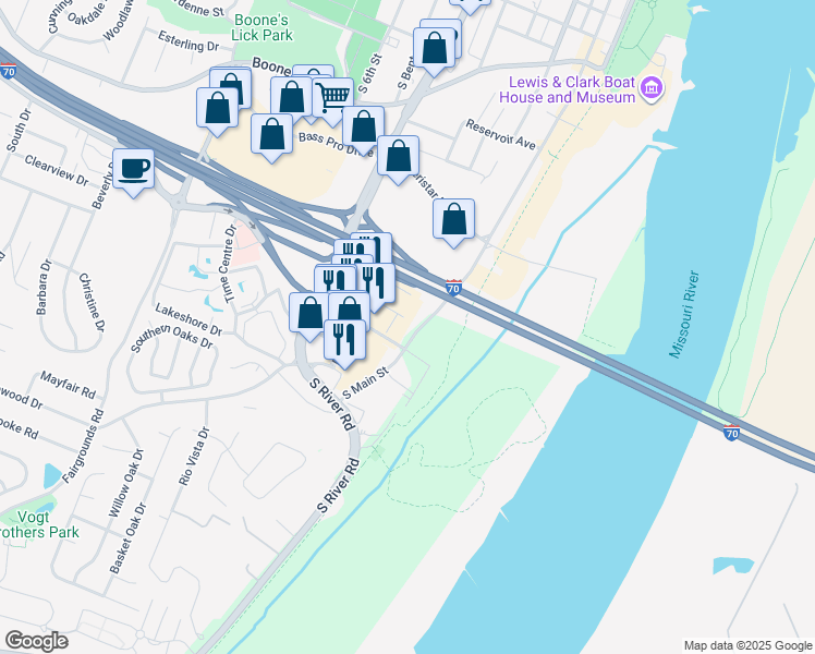 map of restaurants, bars, coffee shops, grocery stores, and more near 333 Mulholland Drive in Saint Charles