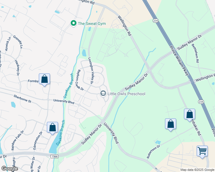 map of restaurants, bars, coffee shops, grocery stores, and more near 8807 Flatbush Court in Manassas